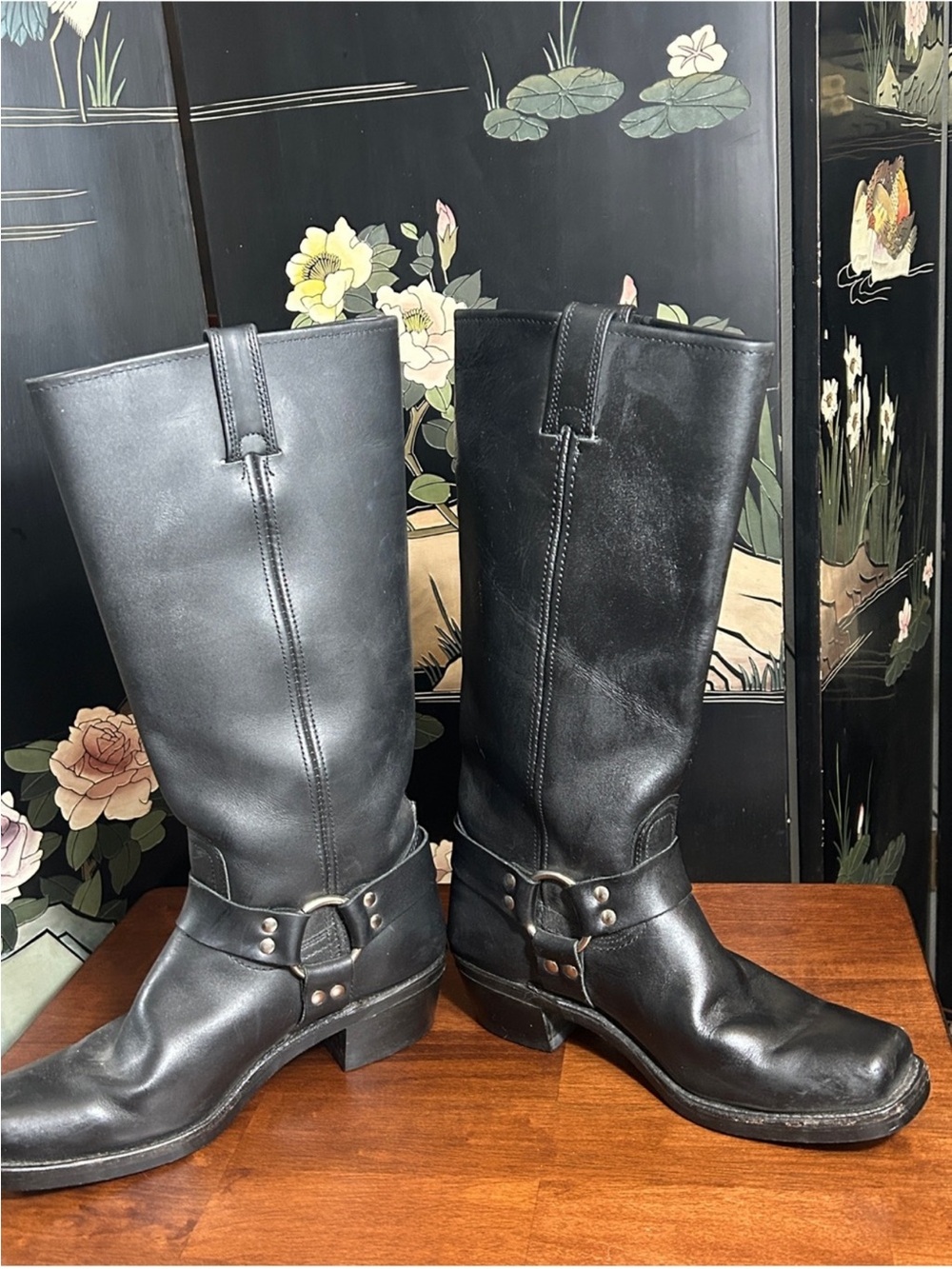 Frye 15 R Classic Black Leather Harness Boots